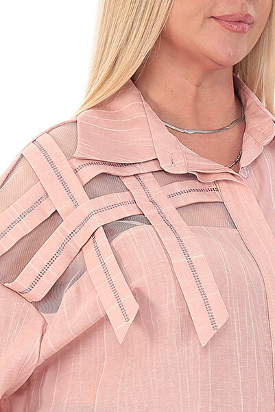 KİFAYET Plus Size (50-56) Stylish Women's Shirt with Stone Detailing, Ribbon Tulle Shoulders and Epaulettes