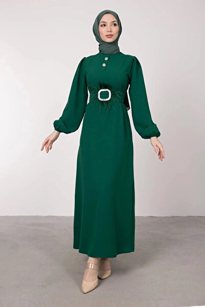 Tesettür Diyarı Βραδινό Φόρεμα Τεσεττούρ με Πέτρες στο Γιακά και Φτερωτή Ζώνη...