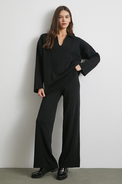 Never more Polo Collar Trouser Knitwear Set Black