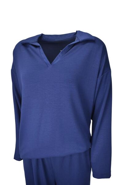 birizmoda Comfortable Fit Polo Neck Modal Fabric Long Sleeve Tracksuit Set - Navy Blue