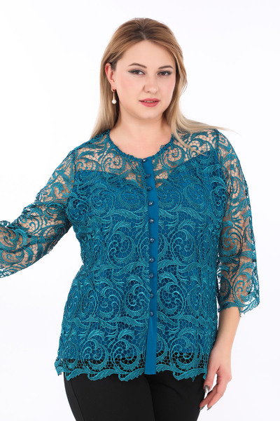 KİFAYET Büyük Beden Dantelli Truvakar Kol Düğmeli Şık Abiye Kadın Bluz