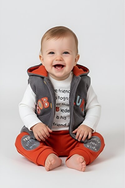 Hippıl Baby Baby Boy 3-Piece Set - Cotton Lining, Padded Hooded Velvet Vest-Sweatshirt- Fleece-Lined Pants
