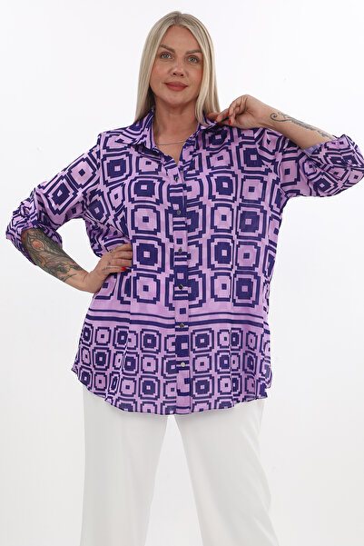 KİFAYET Büyük Beden (50-56) Baskılı Şifon Gömlek Yaka Modern Geometrik Desenl...