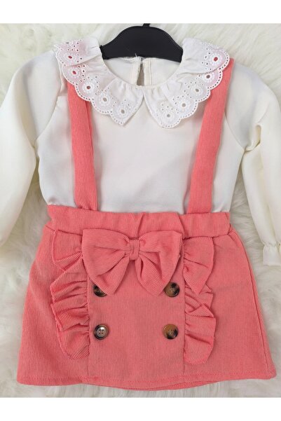kidsense Baby Girl Salopet Set with Bow and Guipure Detail on the Collar