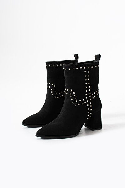 es exello Μπότες από μαύρο σουέτ με λεπτό τακούνι και λεπτομέρεια Trok