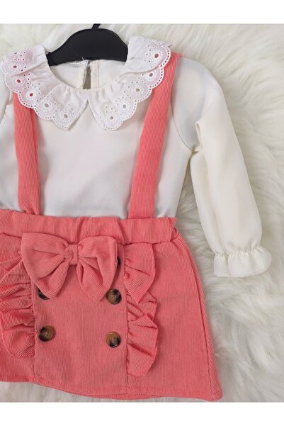 kidsense Baby Girl Salopet Set with Bow and Guipure Detail on the Collar