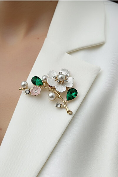 Modex Altın Sarısı Oval Taş Detay İncili Çiçek Motif Broş (6cm)