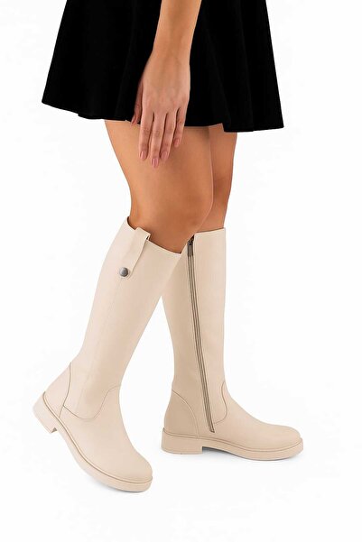 DYG STORE Beige Buttoned Modern Women's Boots 142501