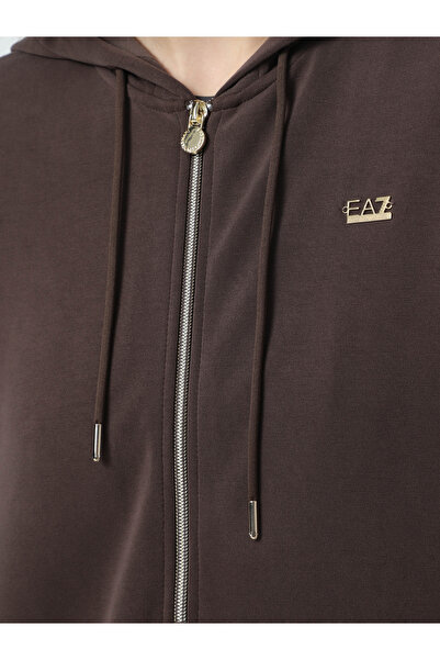 EA7 Women Hooded Collar Pocket Detail Zipper Closure Long Sleeve Brown Sweatshirt 7W000192 Af12643-U6063