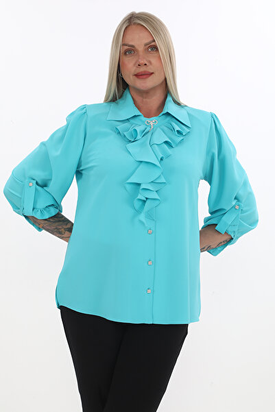 KİFAYET Büyük Beden Apoletli Kol Taşlı Düğme Fırfır Yaka Broş Detaylı Şık Kad...