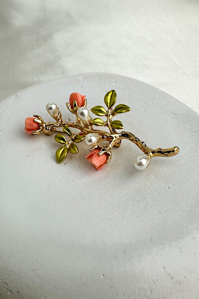 Modex Altın Sarısı İnci Detay Dal Üzeri Gül Broş (6cm)