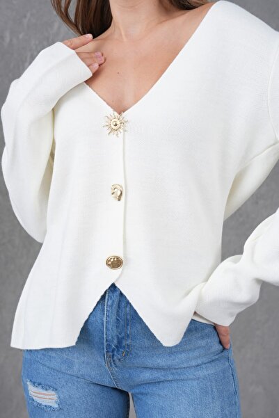 Miss Allos Women's Luxury Button Detailed V-Neck Knitwear Cardigan