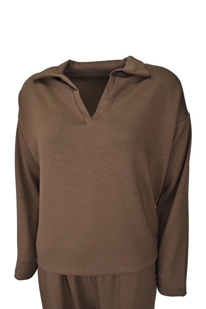 birizmoda Comfortable Fit Polo Neck Modal Fabric Long Sleeve Tracksuit Set - Bitter Brown