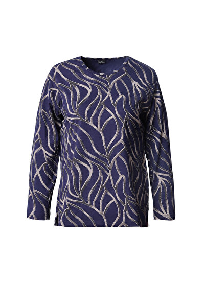 Trikolay Büyük Beden Kadın Simli Desenli Uzun Kollu Penye Bluz