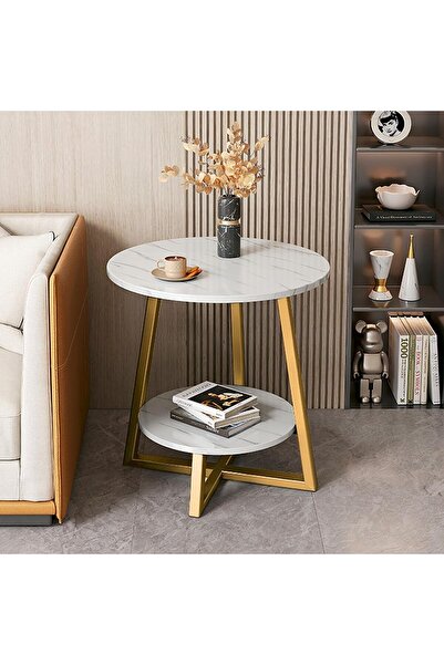 Twinkle Mart Round Coffee Table - White Wood Top with Golden Metal Legs