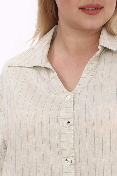 KİFAYET Plus Size (50-56) Striped Shirt V-Neck Epaulet Long Sleeve Women's Shirt