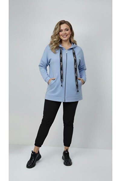 Koza Butik Women's Plus Size Long Sleeve Hooded Zipper Detailed Sweatshirt 2007