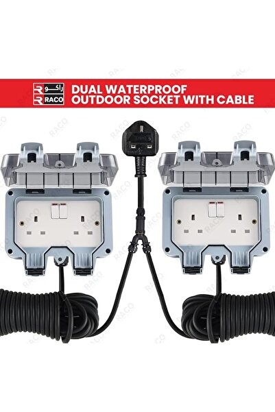 Raco Waterproof Dual Extension Socket 13A IP66, Heavy-Duty Cord, UK Plug (3m x2)