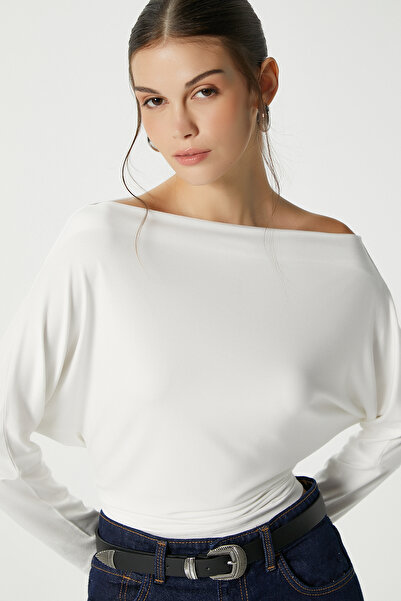 Ritnice Women's Grace Asymmetrical Shoulder Detail Ecru Blouse