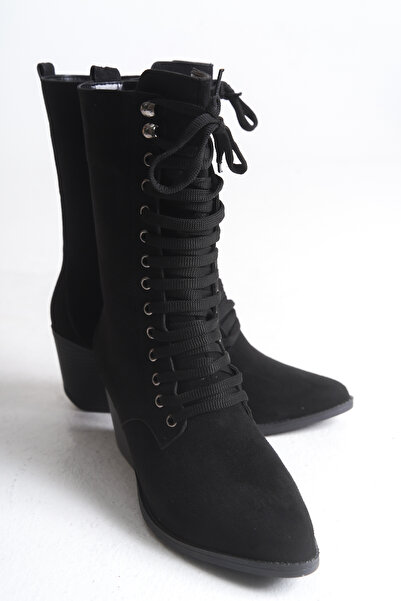Solo Bag Women's New Season Heeled Zippered Front Lace-Up Daily Comfortable Fit Black Suede Boots