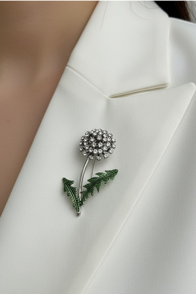 Modex Yeşil Yaprak Detay Taşlı Çiçek Motif Broş (6cm)