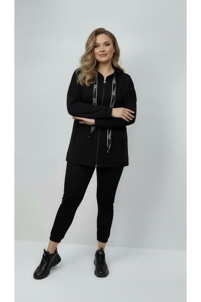 Koza Butik Women's Plus Size Long Sleeve Hooded Zipper Detailed Sweatshirt 2007