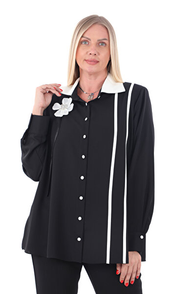 KİFAYET Büyük Beden Gömlek Yaka 3D Çiçek ve Biye Detaylı Şık Kadın Bluz