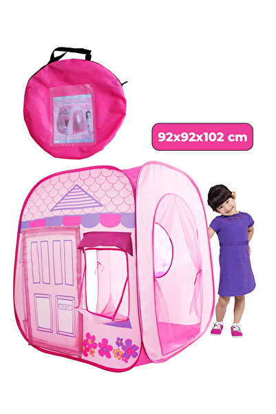 indirimsevinci Kız Çocuk Oyun Çadırı Güzellik Evi Katlanabilir Fileli Pencereli Raflı ve Taşıma Çantalı