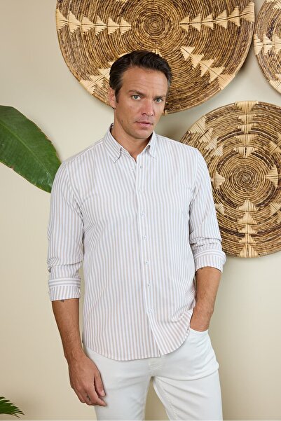 RUFELLI قميص رجالي قصة ضيقة بأزرار وياقة مخططة