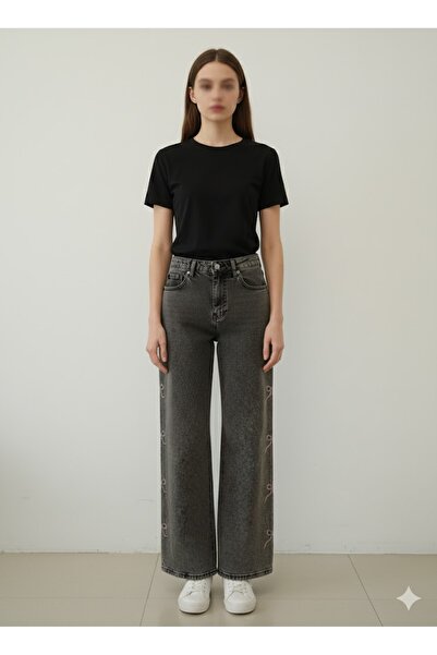 sion jeans Side Ribbon Printed Black Snow Wash Palazzo Straight Cut Loose Long Jeans Women Pantalon