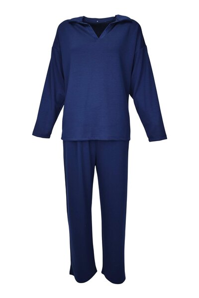 birizmoda Comfortable Fit Polo Neck Modal Fabric Long Sleeve Tracksuit Set - Navy Blue
