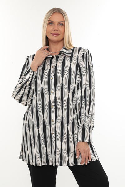 KİFAYET Büyük Beden (50-56) Gömlek Yaka Düğmeli Uzun Kol Desenli Lycra Kadın ...