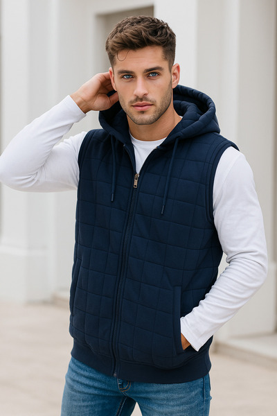 Rich Чоловічий синій бавовняний жилет з двома кишенями та капюшоном Basic