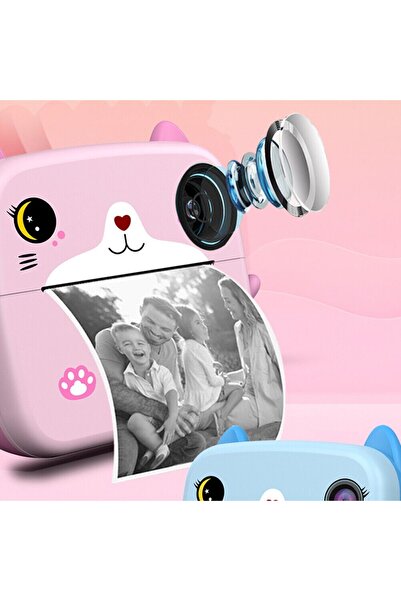 Flippy Instant Kids Camera with Print Function, Front Selfie, USB-C, Bluetooth, Pink Cat