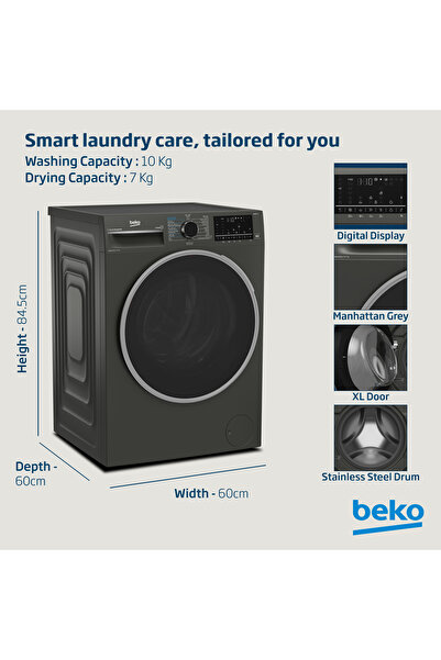 Beko 10kg Washer with 7kg Dryer, 1400 RPM, 15 Programmes, Low Noise, Steam cure, WD10714M(Grey)
