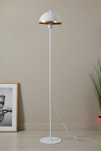 Marrien Luna Golden Tek Ayaklı Beyaz Metal Modern Lambader | Oturma Odası & Yatak Odası & Salon Lambası