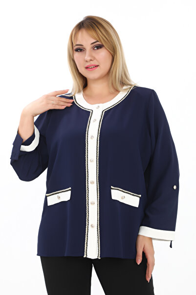 KİFAYET Büyük Beden (50-56) Chanel Düğme Detaylı Bisiklet Yaka Uzun Kol Kadın...