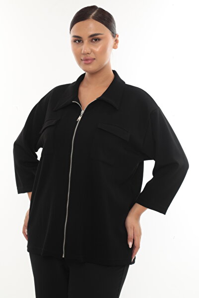 KİFAYET Büyük Beden (50-56) Gömlek Yaka Cepli Truvakar Kol Fermuarlı Triko Kadın Bluz