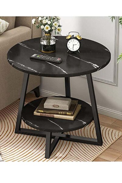 Twinkle Mart Two-Tier Circular Coffee Table And Sofa Side End Table For Home Living Room - Black & Whi