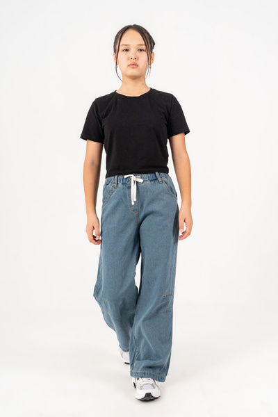 GİYİCEM TEKSTİL Girls' Casual School Style Lace-Up Wide Leg Jean Pants 2223