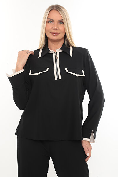 KİFAYET Büyük Beden (50-56) Zarif Kontrastlı Çizgi Detaylı Fermuarlı Kadın Bluz