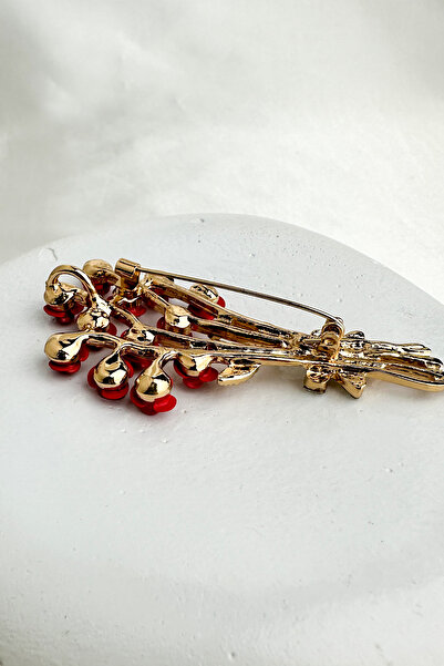 Modex Altın Sarısı Taş Detay Kırmız Gül Buket Broş (7cm)