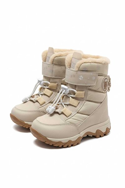 Moda Kadıköy Girl's Beige Fur-Lined Cold-Resistant Waterproof Snow Boots with Rubber Soles
