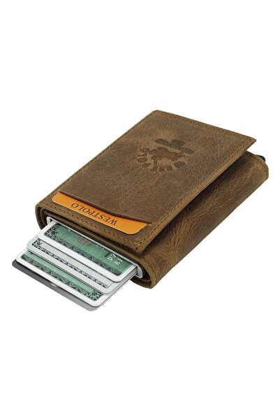 Westpolo حامل بطاقات محفظة ميكانيكي من الجلد الطبيعي للرجال