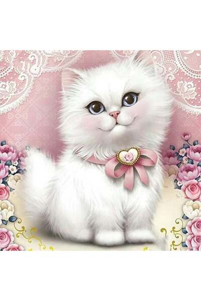 Krista Tablou pe pânză GM212 – Pisicuță albă, pictură 5D cu diamant și pietre, ramă din lemn, 20x30 cm