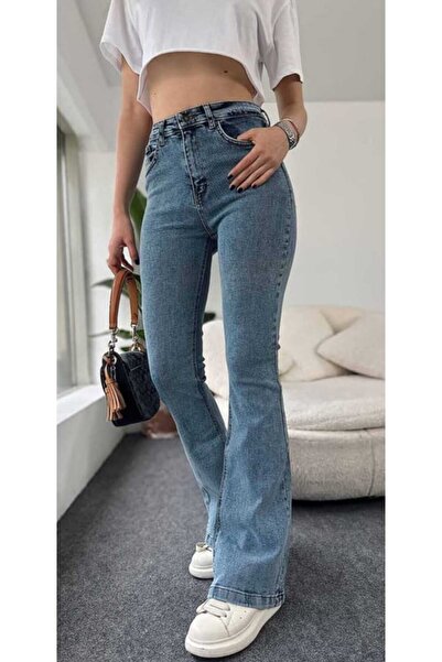 JAXEN بنطلون جينز نسائي من ماريا جولد باللون الأزرق عالي الخصر قماش قابل للتم...