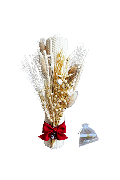 OEM Baptism candle made of natural beeswax, hand-decorated with dried flowers and rustic elements