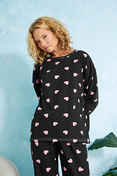 STELLAPİNK Siyah Pembe Kalp Desenli Pamuklu Uzun Kollu Pijama Takımı