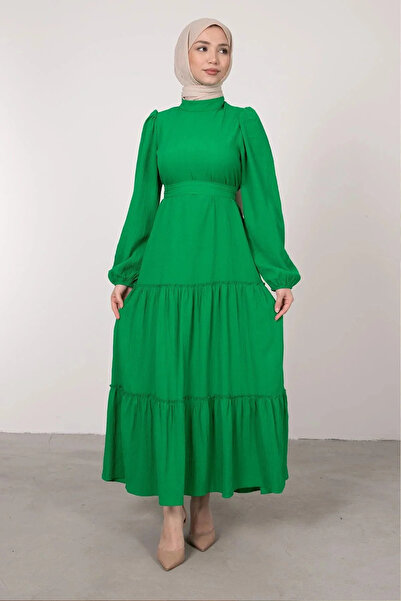 Tesettür Diyarı فستان بتجاعيد مجمّعة فستان حجاب مربوط - أخضر عشبي قياسي (متوا...