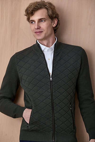 SMILE Knit Dark Green Cotton Zippered Sweater